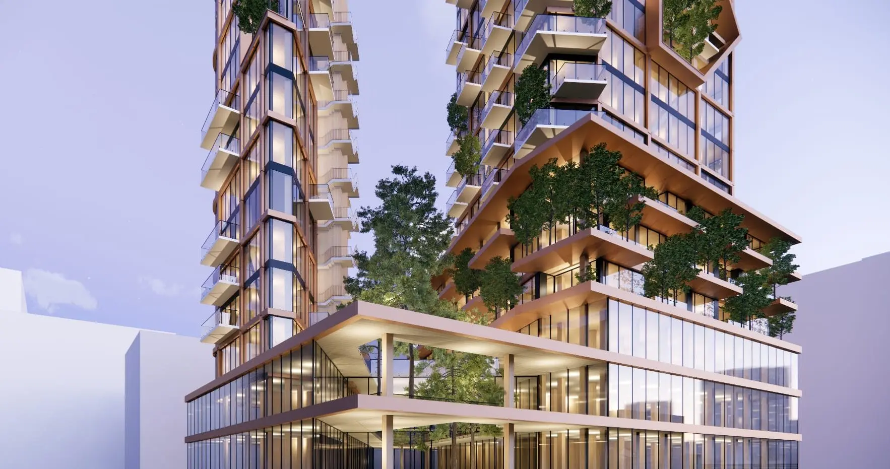 Impressie van The Urban Woods Amsterdam: een woontoren met groene balkons