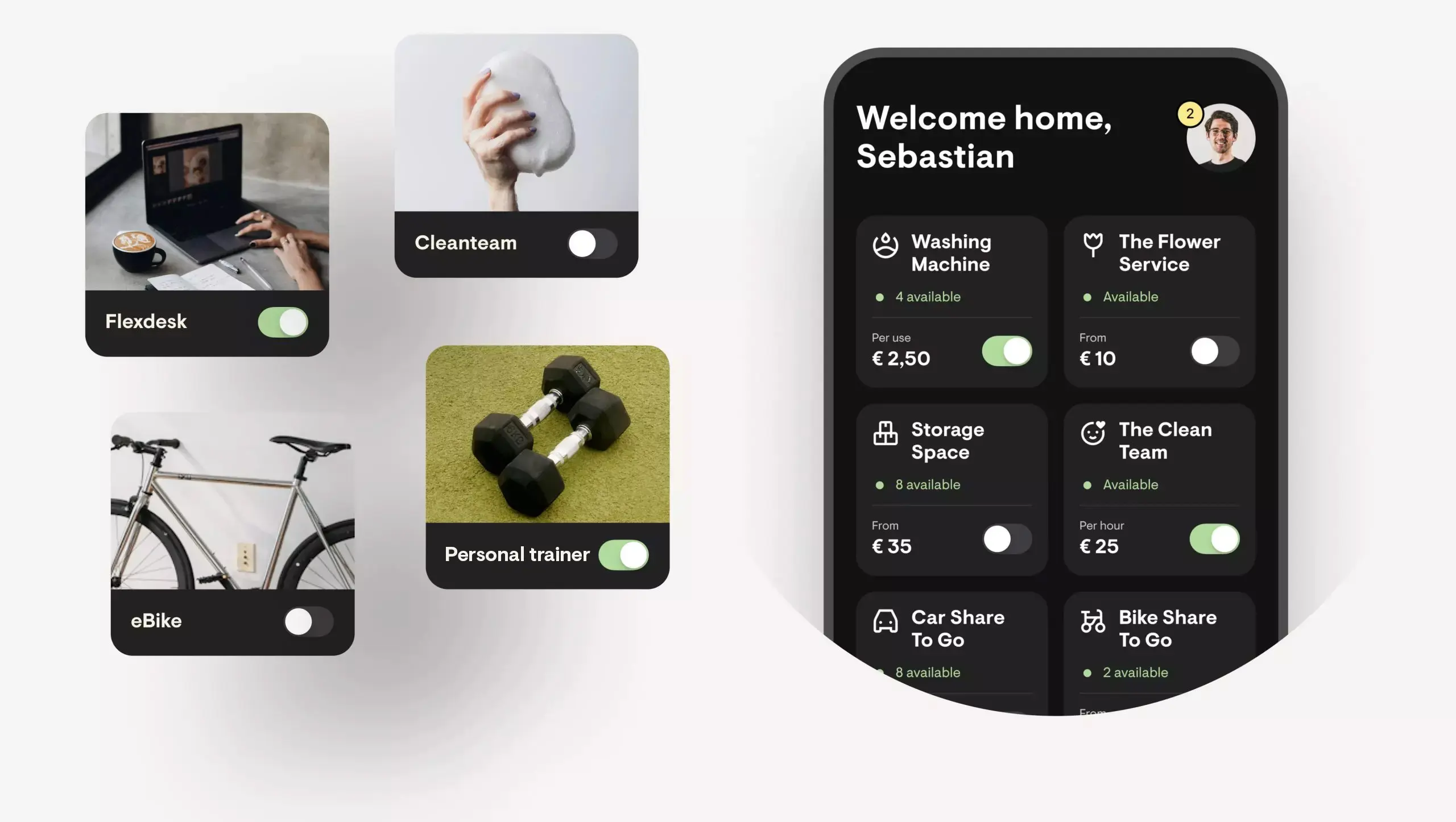 De app van The Urban Woods met extra's zoals wasmachine, opslagruimte en deelauto