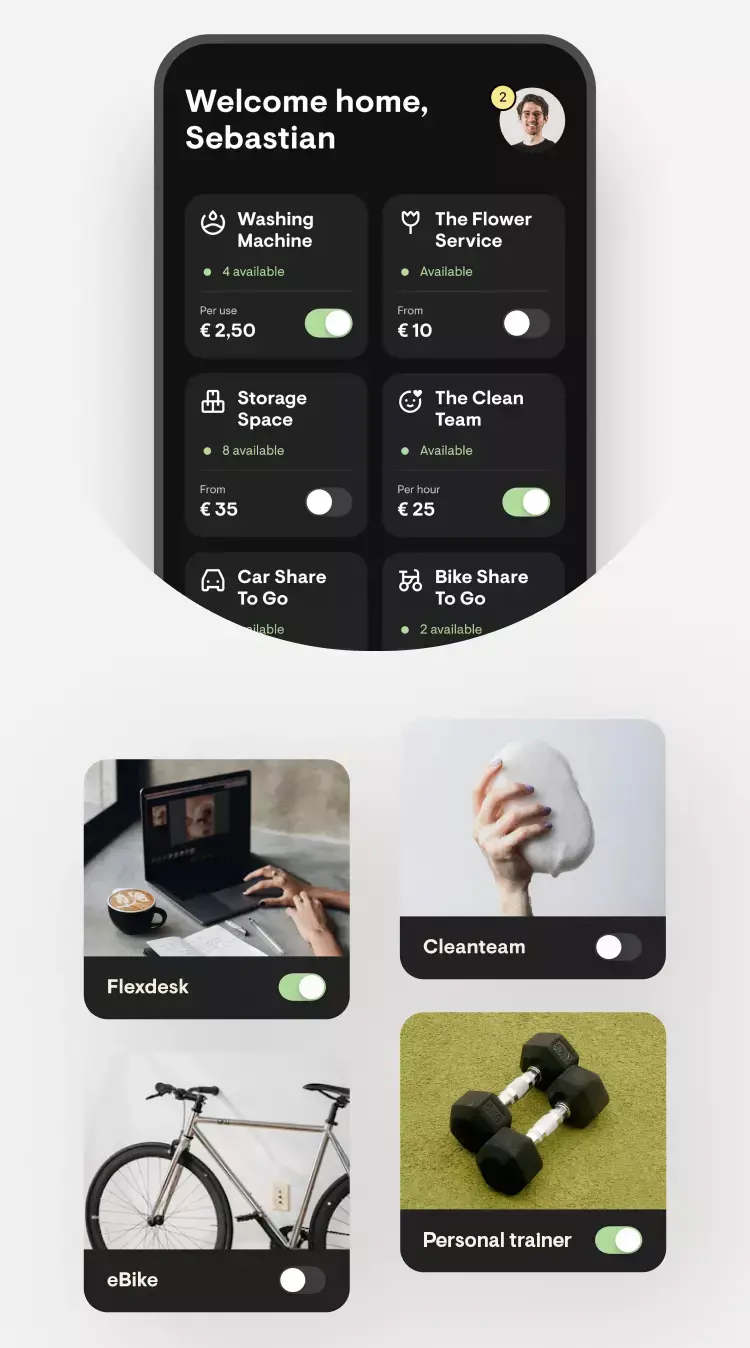 De app van The Urban Woods met extra's zoals wasmachine, opslagruimte en deelauto
